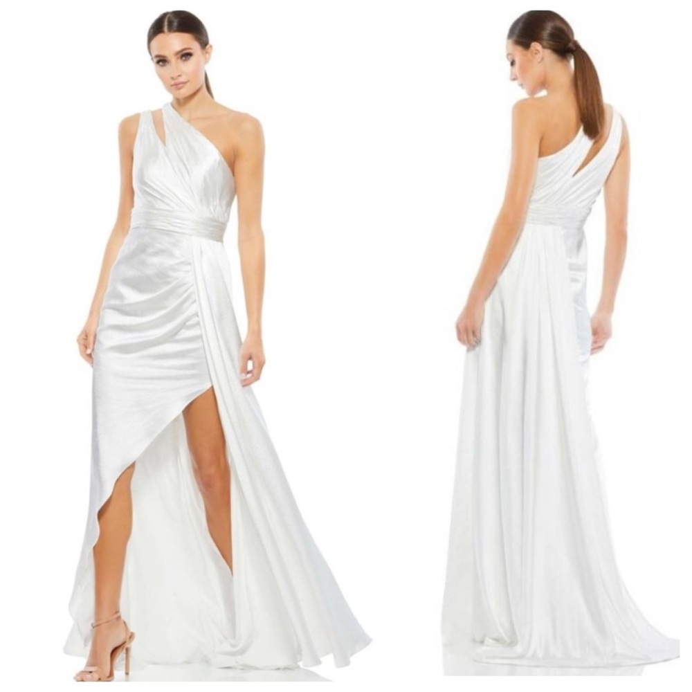 NWT Mac Duggal One Shoulder with Overskirt Dress White Satin Formal Size 6